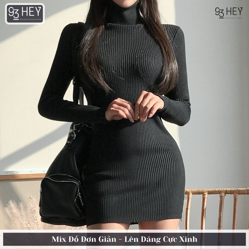 Đầm len body nữ cao cổ 93HEY, váy len dáng lửng dài tay VL01