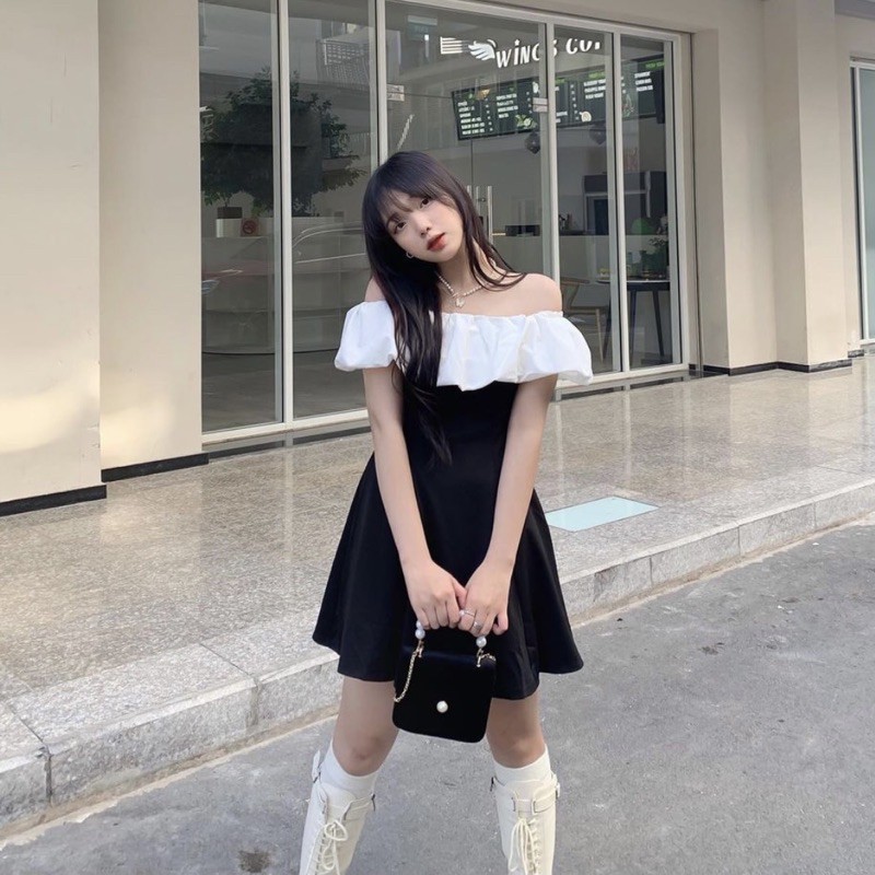 Váy Nữ Trễ Vai Bèo Trắng GenY Đầm Nữ Bẹt Vai Đen Phối Trắng Dáng Xoè Siêu Xinh Có Ảnh Thật Kèm Video | BigBuy360 - bigbuy360.vn