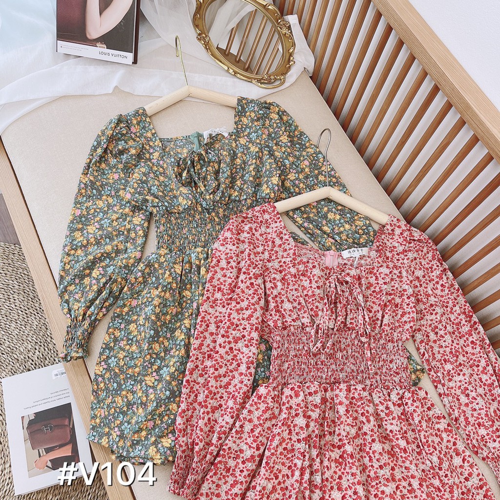 VÁY HOA NHÍ CHUN EO CỔ VUÔNG XINH DÁNG NỮ V104 | BigBuy360 - bigbuy360.vn