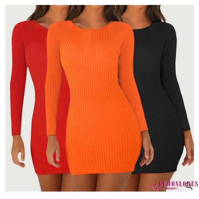 ❀DEM☞Women Ladies Long Sleeve Solid Dresses Skinny Slim Knitted Stretch Bodycon Party Evening Cocktail Short Mini Dress