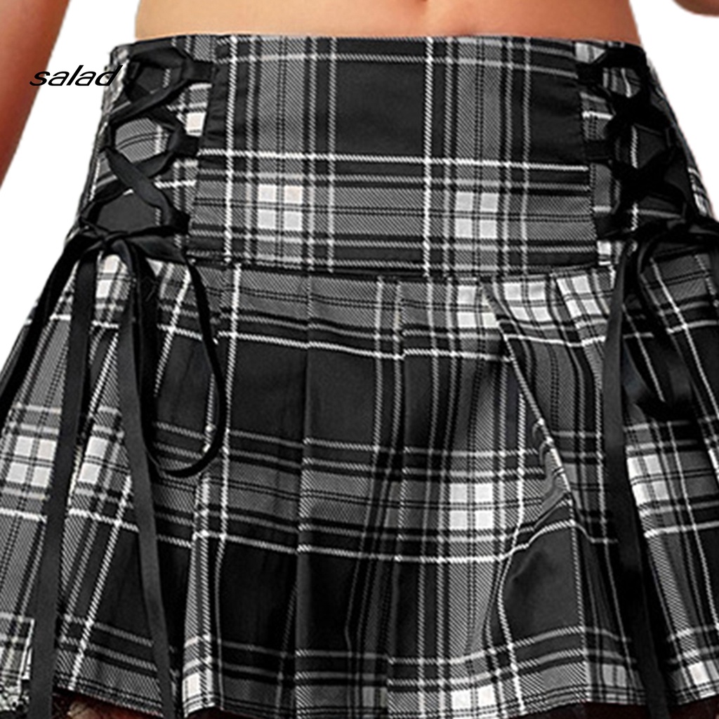 Chân Váy Ngắn Xếp Ly Kẻ Sọc Caro Phối Dây Thắt Cho Nữ