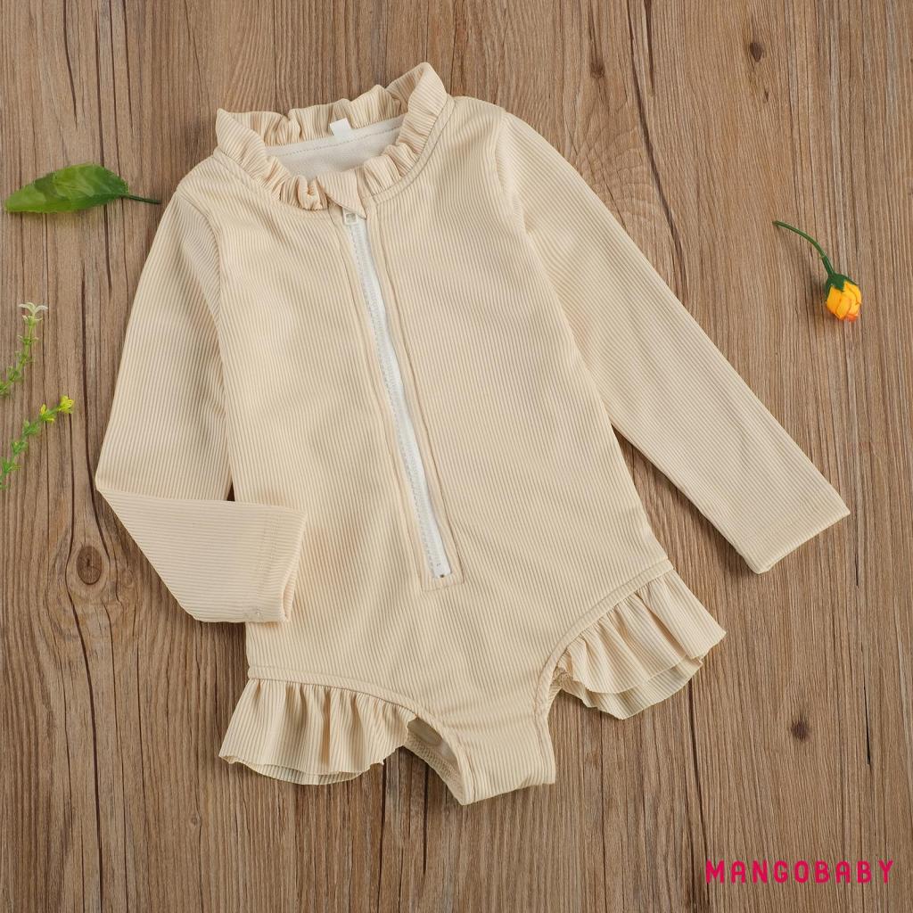 Bộ Đồ Bơi Một Mảnh Tay Dài Màu Trơn Phối Khóa Kéo Xinh Xắn Cho Bé Gái