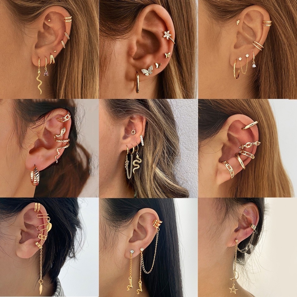 Set khuyên kẹp vành tai AY nhiều kiểu dáng đính đá cá tính thời trang cho nữ