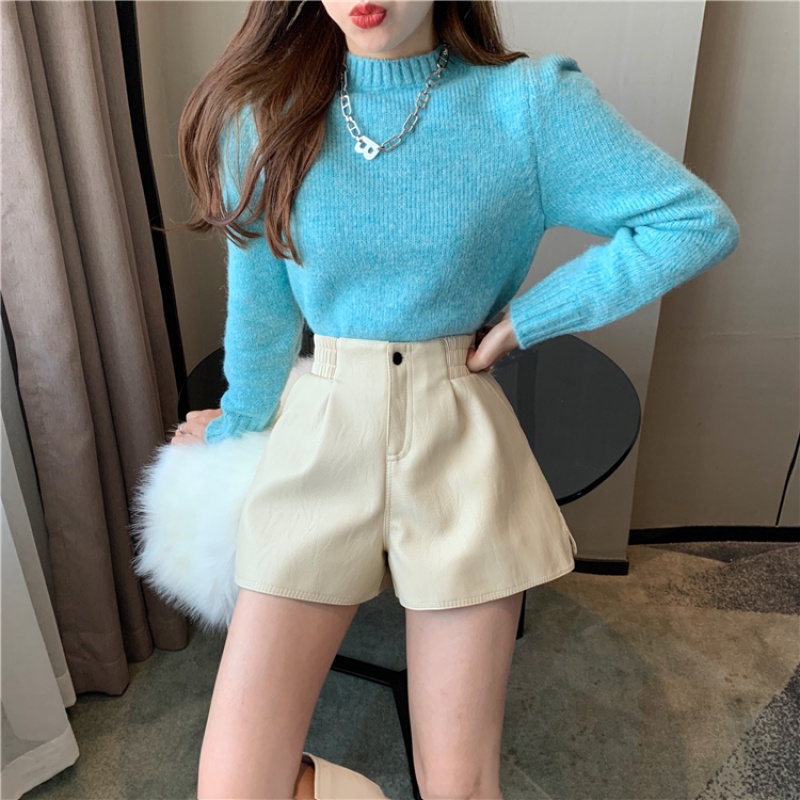 Quần đùi bằng da pu lưng cao ống rộng thời trang cho nữ