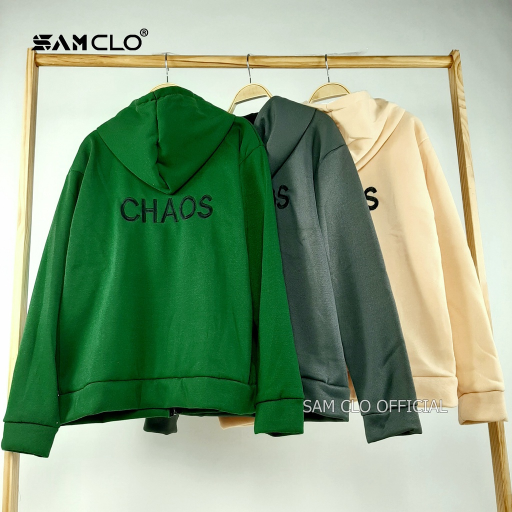 ÁO KHOÁC NỈ SAM CLO nữ freesize hoodie có khóa kéo tay dài thu đông dáng unisex THÊU chữ CHAOS