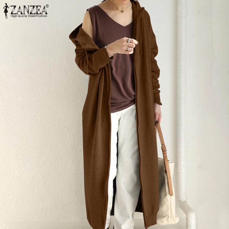 Đầm Hoodie ZANZEA  Dáng Dài Màu Trơn Phong Cách Vintage Cho Nữ
