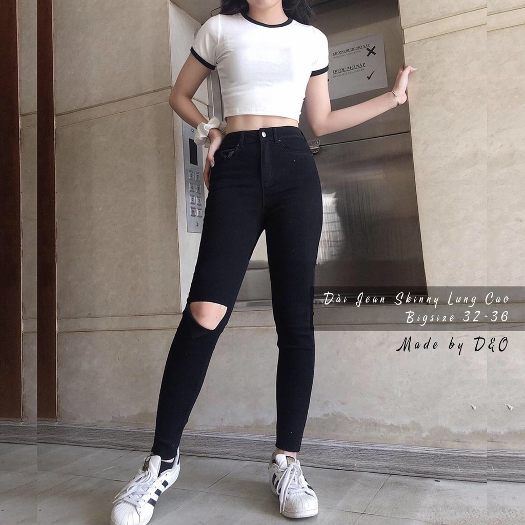 [Big Size] Quần Jeans Size Đại Đen Rách 1 Gối L / Trơn - Lưng Cao Ôm - Siêu Co Giãn