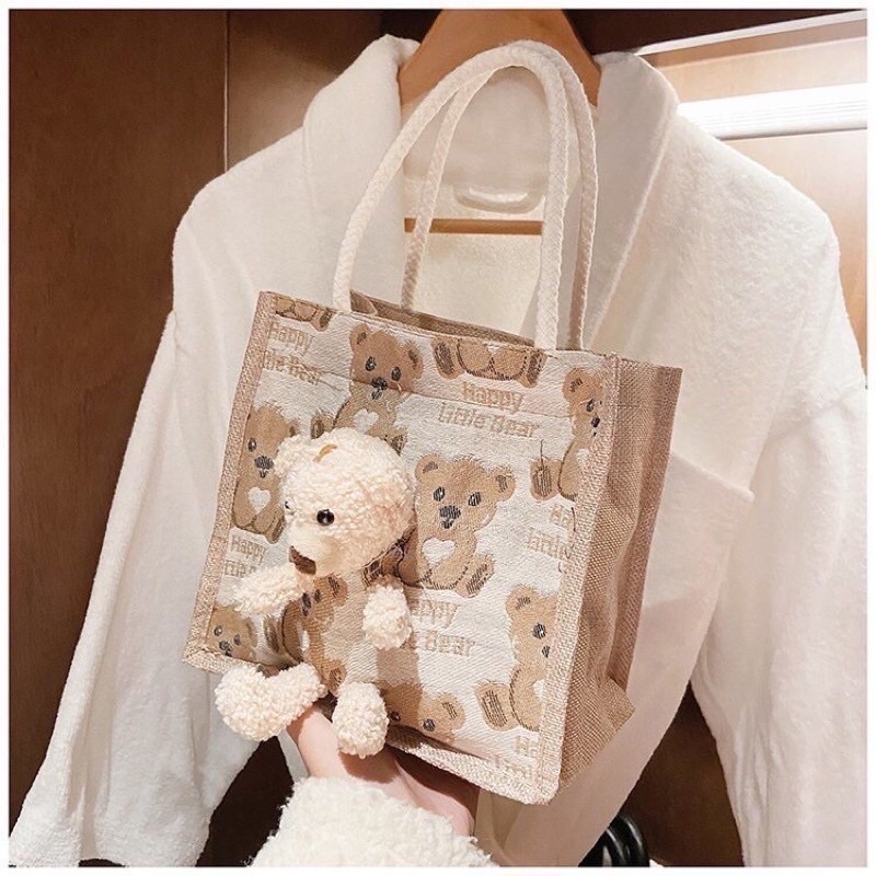 Túi cói quai xách mini kèm gấu bông dạo phố,đi biển đi chơi
