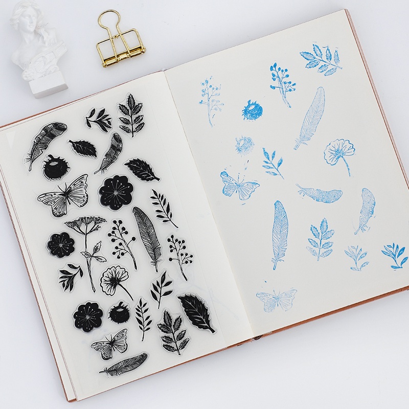 Con dấu in trong suốt thiết kế hoa lá trang trí sổ tay DIY phong cách vintage