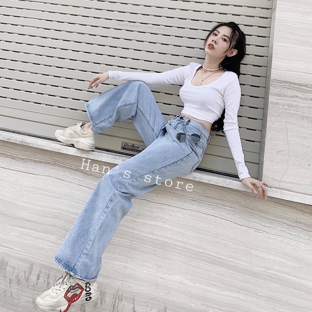 Quần Dài Ống Rộng Xanh Đá - Quần Jean Ống Rộng Size Đại - Lưng Cao Siêu Tôn Dáng