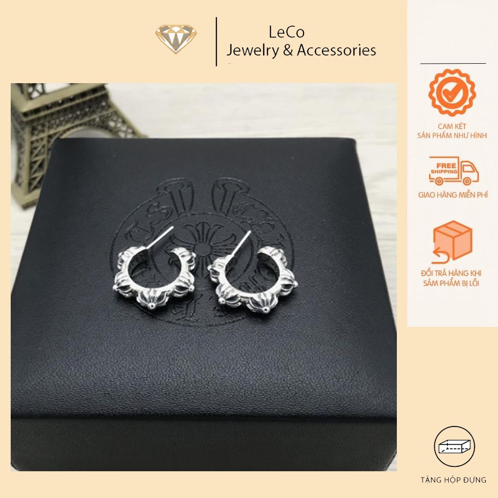 Khuyên tai Chrome heart gia công bạc 925, Bông tai họa tiết 5 bông nổi LeCo