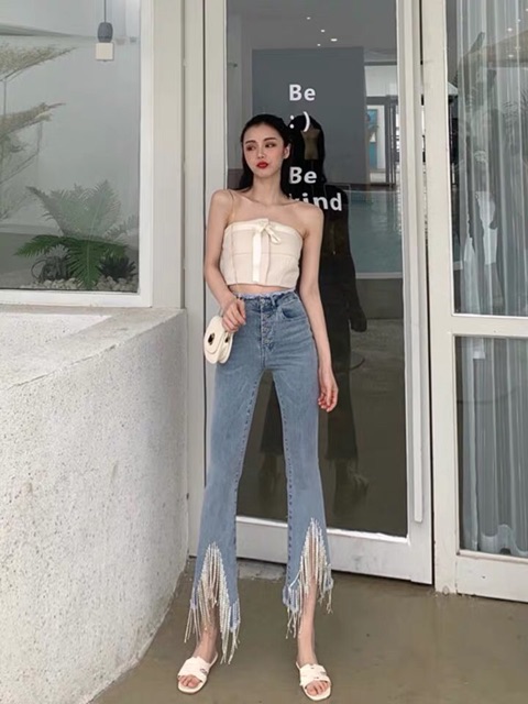 (ORDER) Quần jeans cạp cao ống quần tán đá tua rua | BigBuy360 - bigbuy360.vn
