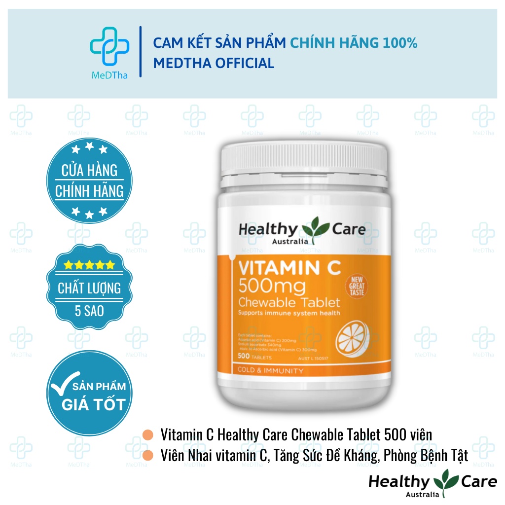 Vitamin C Healthy Care - Viên Uống Vitamin C, Tăng Sức Đề Kháng, Chống Lão Hóa Da (Lọ 500 Viên) [Chính Hãng]