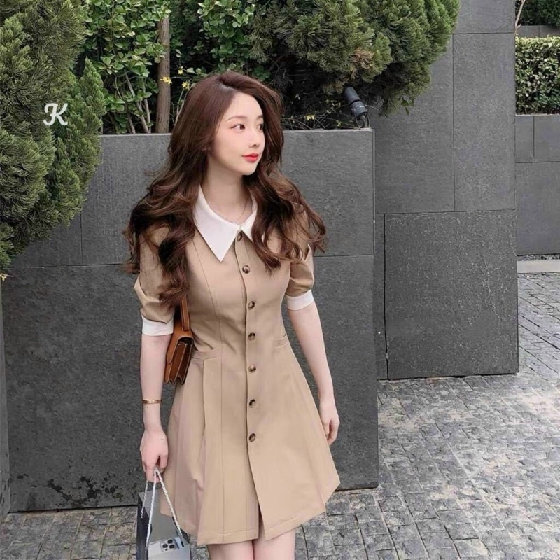 ĐẦM SƠ MI XOÈ PHỐI CỔ ĐÍNH NÚT CR2