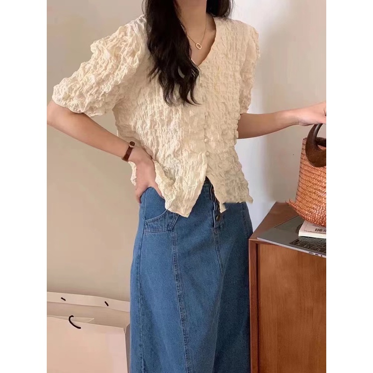 Áo Kiểu Tay Phồng Xếp Ly Phối Nút Thời Trang Hàn Quốc 2022 Cho Nữ