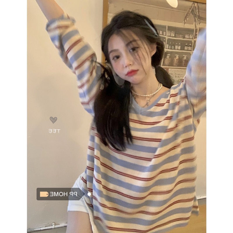 Jiashucheng Áo Thun Tay Dài Dáng Rộng Họa Tiết Kẻ Sọc Thời Trang Mùa Thu Cao Cấp Dành Cho Nữ Có Size Lớn