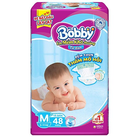 TẶNG 6 TÃ QUẦN SIZE M-TÃ - BỈM DÁN BOBBY SIÊU THẤM SIZE M(6-10KG) GÓI 48 MIẾNG