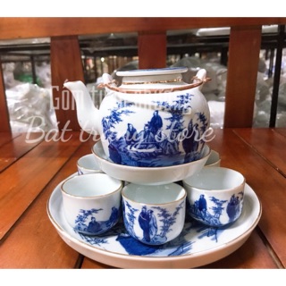 Ấm chén, tách trà kẻ chỉ vàng kim, cảnh thất tiên lã vọng - gốm Bát Tràng cao cấp