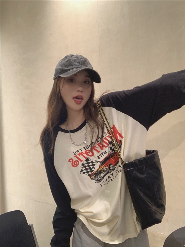 Áo Thun Raglan Cổ Tròn Dài Tay Dáng Rộng In Màu Sắc Tương Phản Phong Cách Retro Mùa Thu 55774