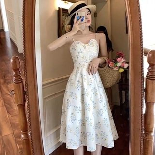 Đầm maxi 2 dây đi biển dáng xòe váy in họa tiết hoa nhỏ phong cách vintage Hàn Quốc
