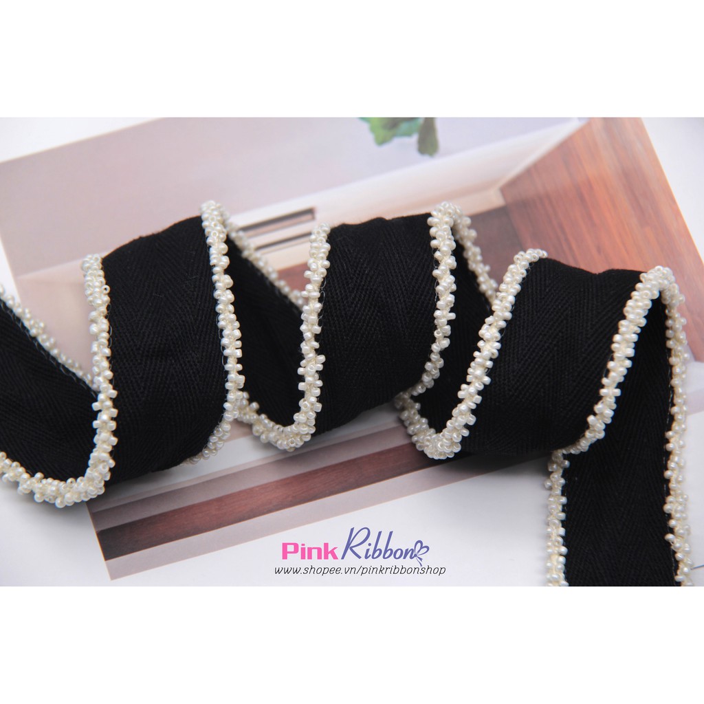 Ruy băng vải thô viền cườm trắng 3cm