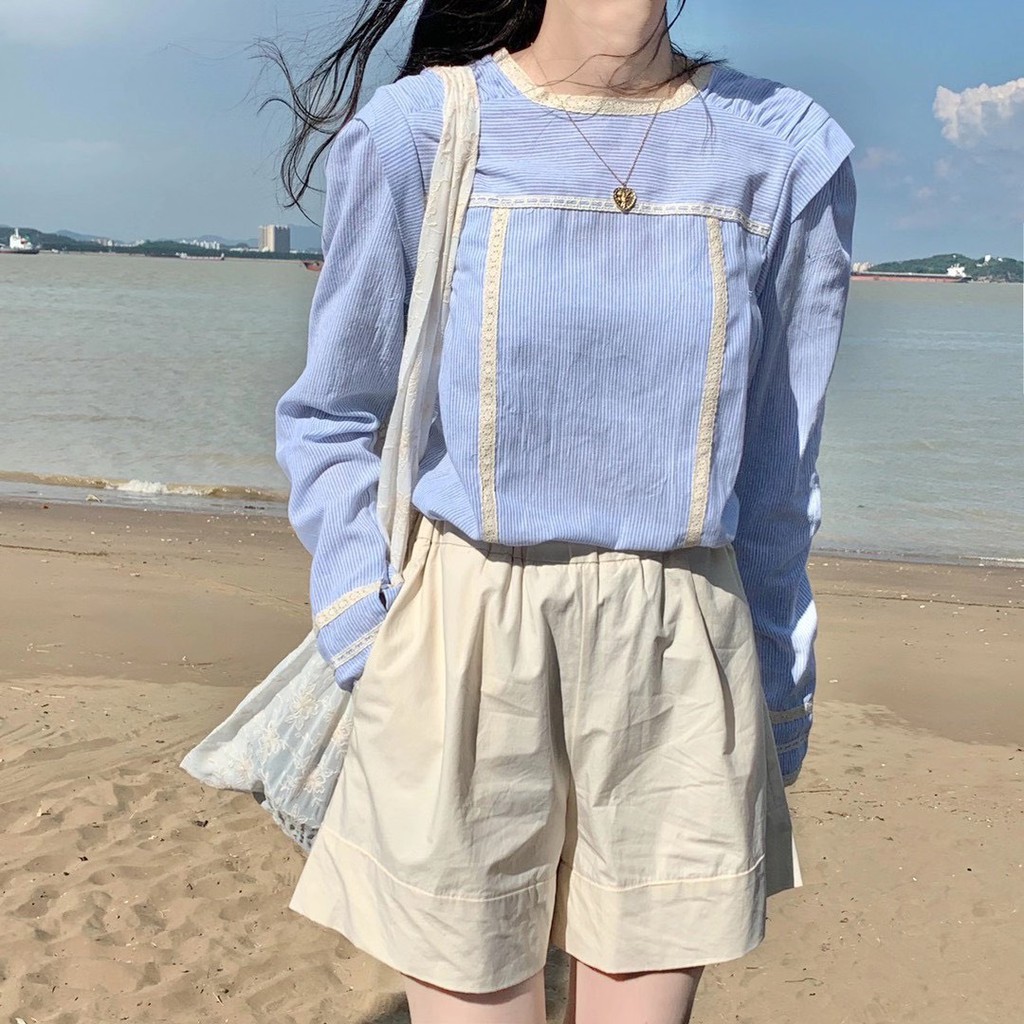 Sơ mi cổ tròn sọc viền ren Misumey mặc 2 kiểu Ulzzang styleHàng Quảng Châu