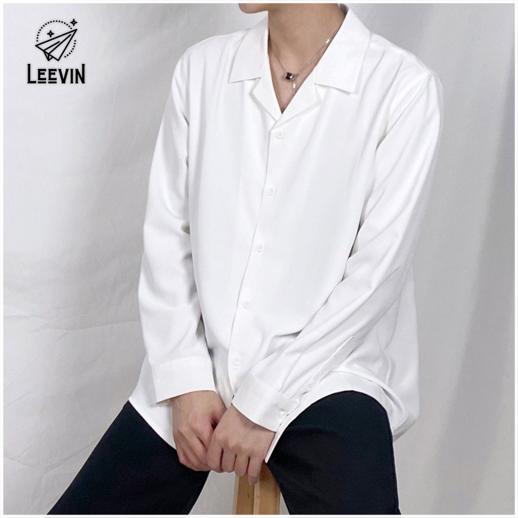 Áo sơ mi TRẮNG nam Dài Tay Cổ Vest Unisex nam nữ TRƠN vải cotton lụa mềm - Kiểu sơ mi nam dài tay Leevin Store giảm giá