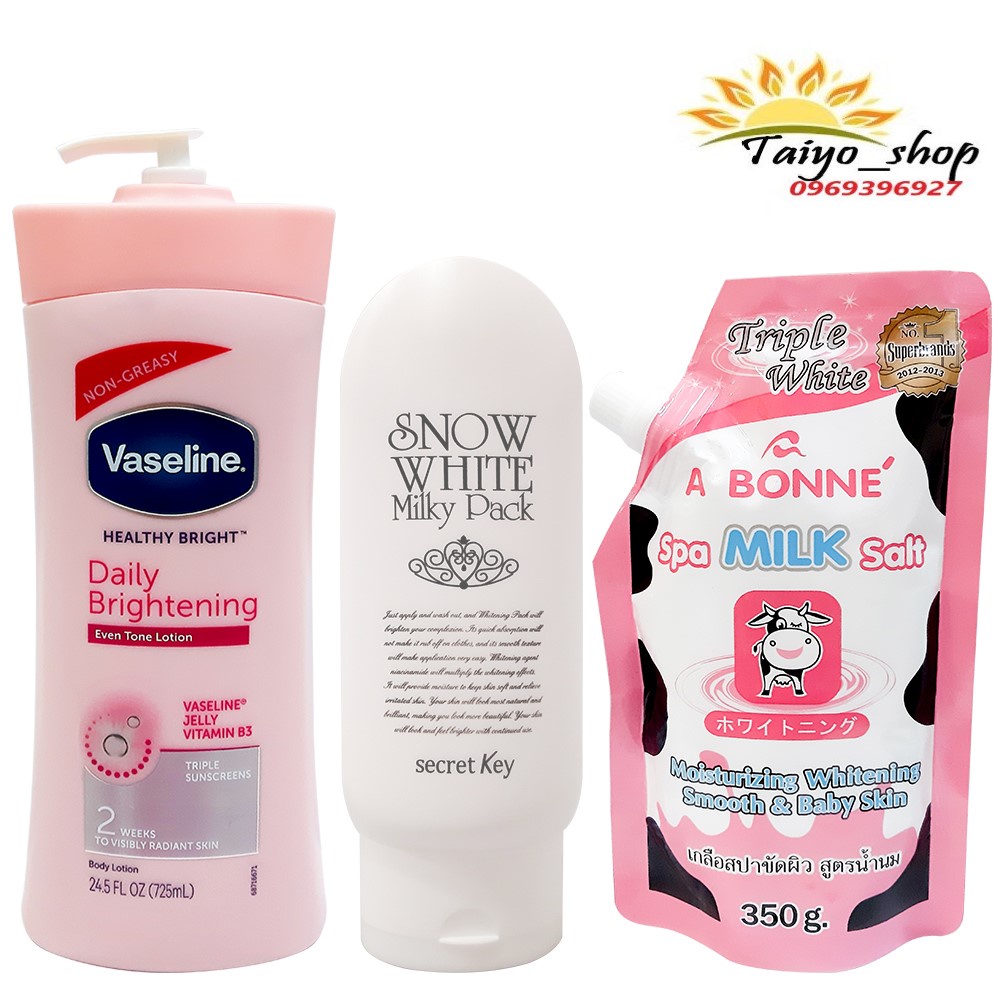 COMBO Dưỡng Thể VASELINE + Kem tắm trắng SNOW WHITE SECRET KEY + Muối Tẩy Tế Bào Chết A BONNE 3PL