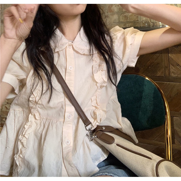 Áo Sơ Mi Tay Ngắn Phồng Cổ Búp Bê Họa Tiết Sọc Caro Phong Cách Pháp Cho Nữ