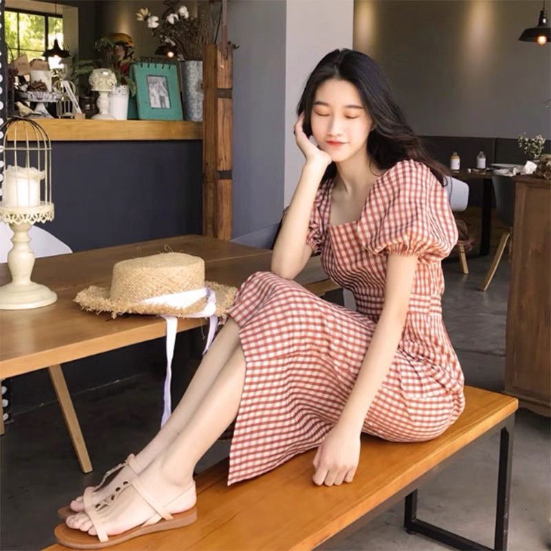 ĐẦM MIDI CỔ XUÔNG CA RÔ HỒNG XINH XINH CR99