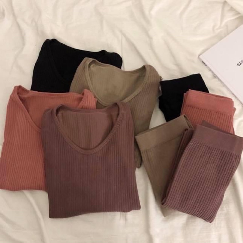 Set pyjama dài len dệt tăm gân thun co dãn áo cổ tròn ôm sát body - Order taobao quảng châu