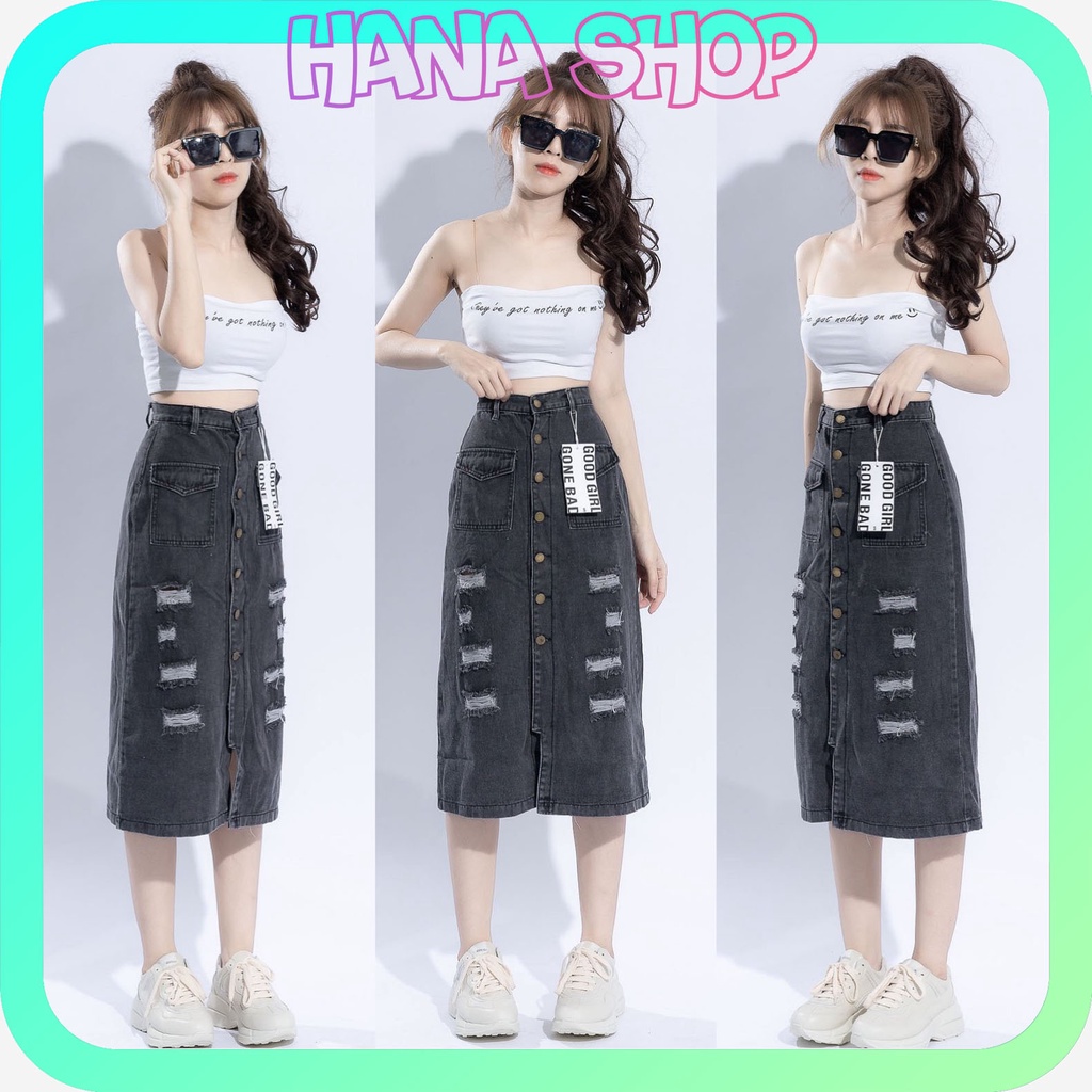 Chân Váy Jean Dài Qua Gối Lưng Cao 2 Túi Kiểu ULZZANG
