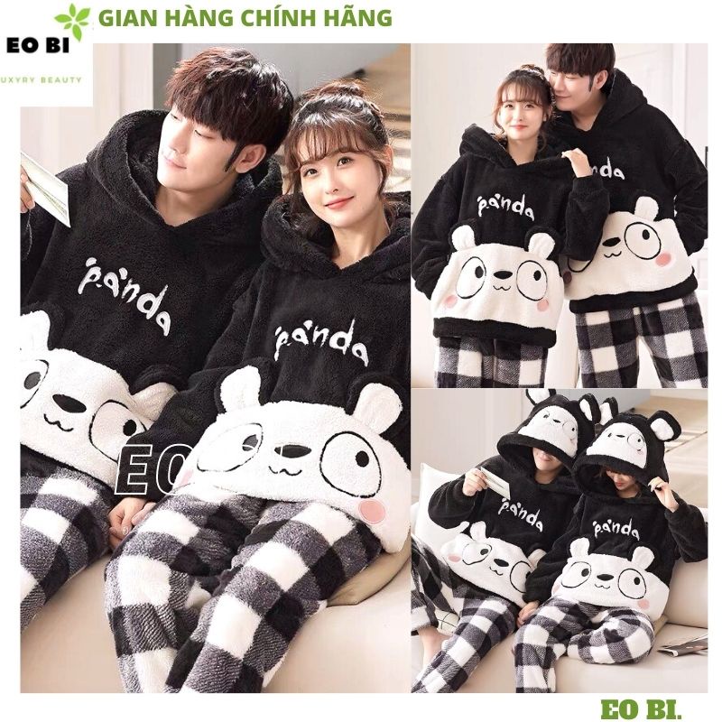 Bộ ngủ lông GẤU TRÚC PANDA giữ nhiệt cực ấm Bộ ngủ mùa đông chất lông mềm nhẹ quần áo mặc nhà dài tay mùa đông - EOBI