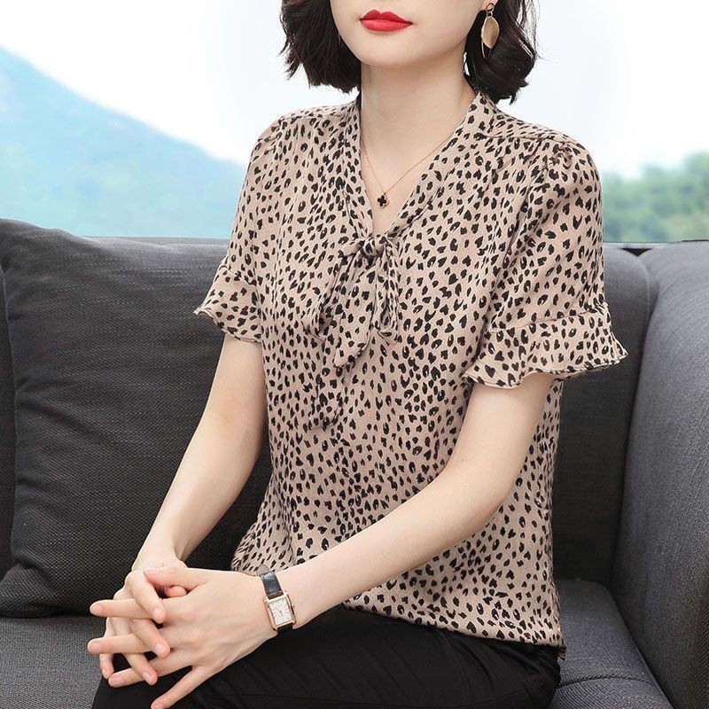 áo sơ mi voan cổ v họa tiết da báo cỡ lớn nữ mùa hè phong cách mới thun nửa tay nơ Hàn Quốc sành điệu hàng đầu