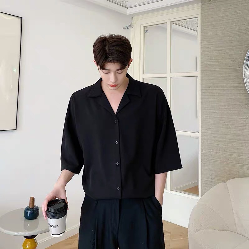 ÁO SƠMI LỤA ĐEN TRƠN CỔ VEST FORM UNISEX (có hình chụp thật) | BigBuy360 - bigbuy360.vn