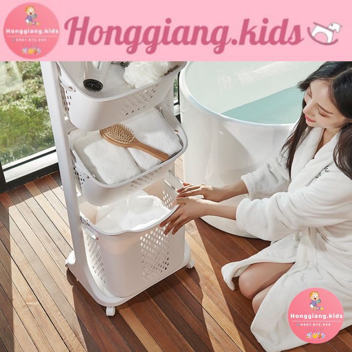 Kệ giỏ  3 tầng có bánh xe bằng nhựa plastic đựng đồ cho bé, kệ để đồ nhà tắm, đồ máy giặt, đồ dơ - Giá để đồ tiện lợi