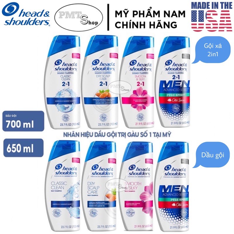 [USA] Dầu gội xả 2in1 Head & Shoulders Classic Dry Scalp Care Smooth & Silky Pure Sport 700ml 650ml sạch gàu - Mỹ