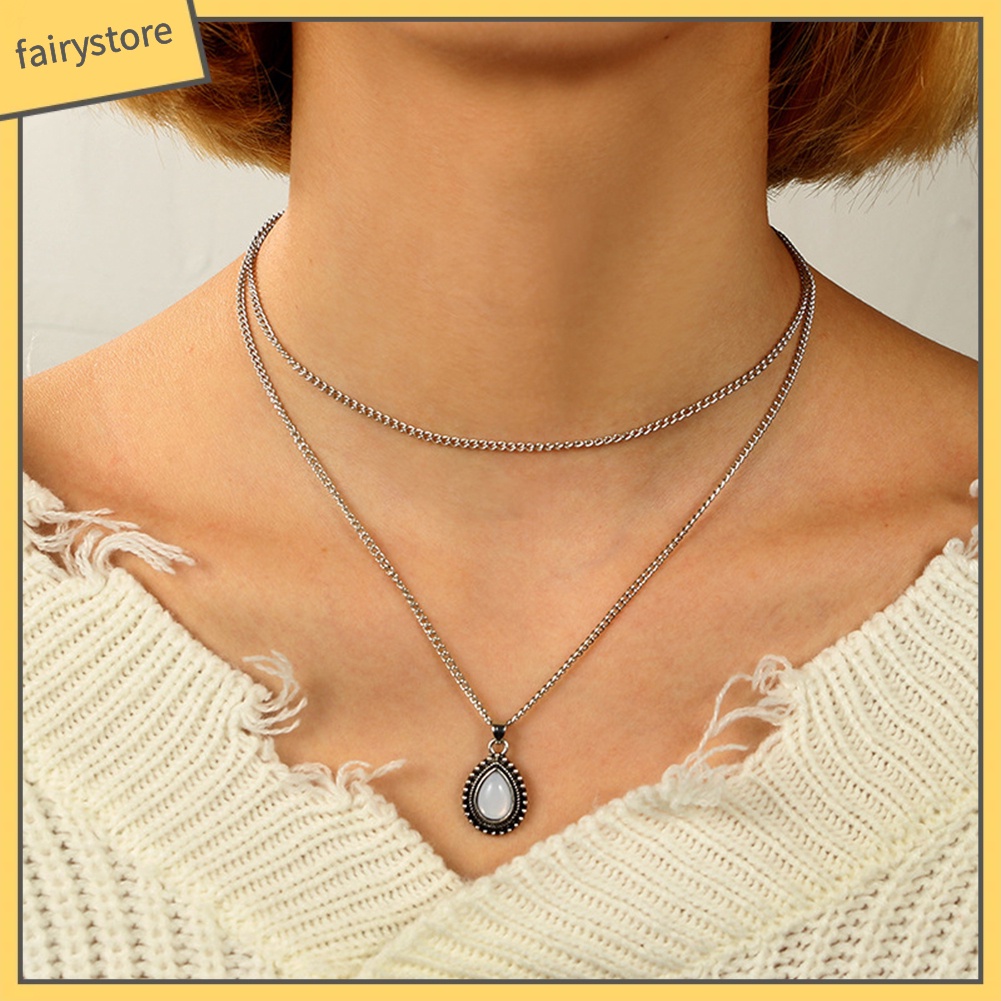 Dây chuyền thời trang hai lớp mặt đá opal hình giọt nước phong cách cổ điển sang trọng