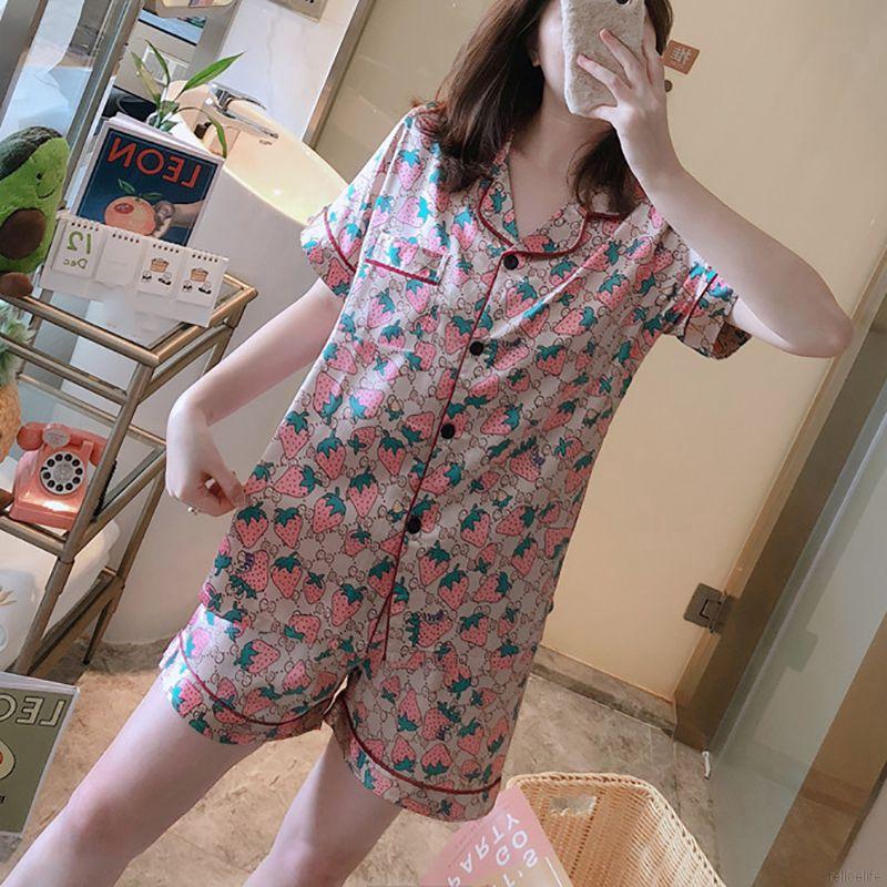 Bộ Đồ Ngủ Ngắn Tay In Họa Tiết Dâu Tây Xinh Xắn Dành Cho Nữ