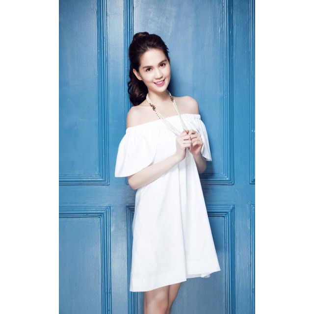 Đầm xòe trắng trễ vai Ngọc Trinh 1159