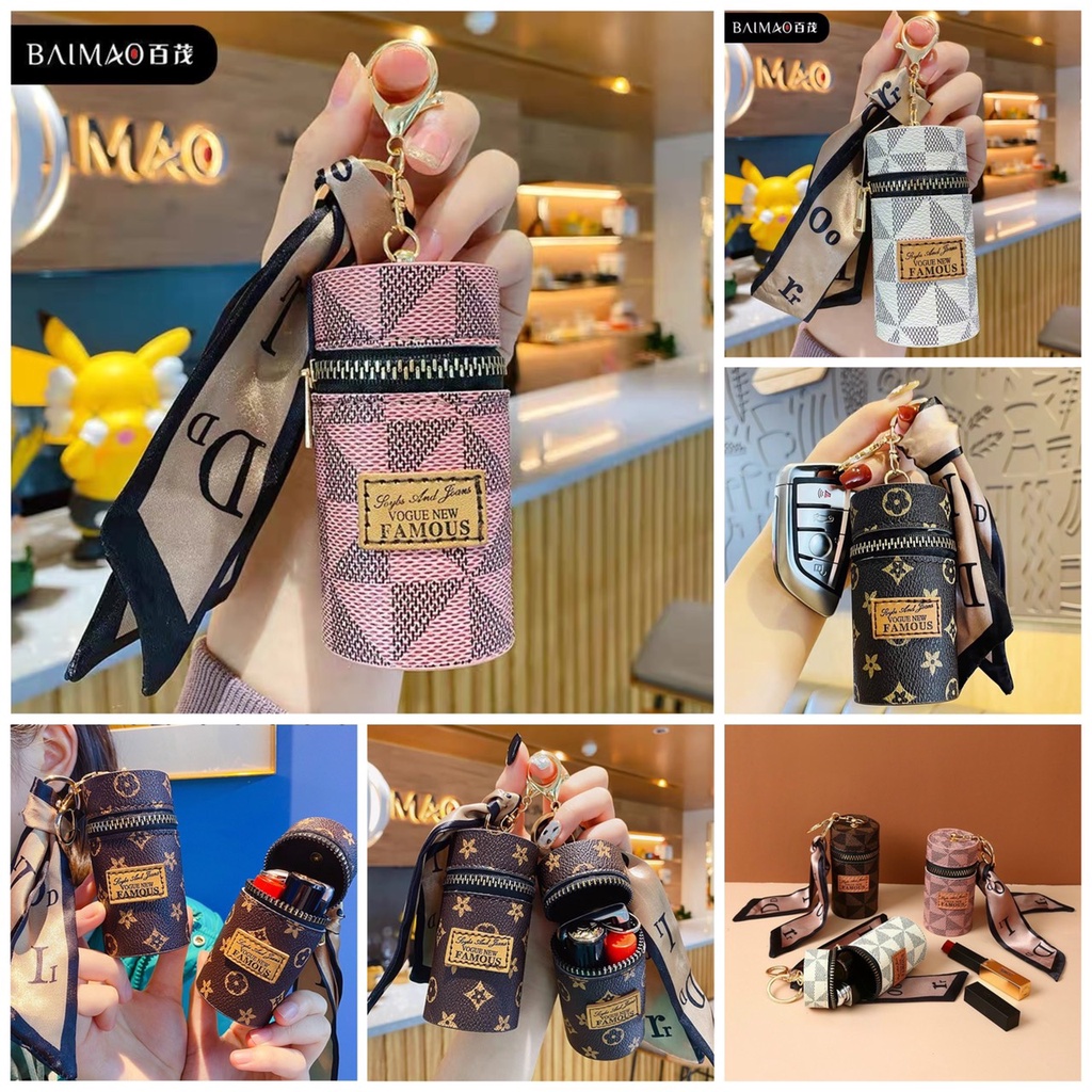 Túi da hoa đựng son môi, móc khoá nhỏ gọn tiện lợi, dây đeo phối khăn lụa cao cấp sang trọng