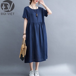 Đầm Dáng Suông, Ngắn Tay, Cách Điệu Nhún Eo, Chất Linen Mềm Mát Đũi Việt