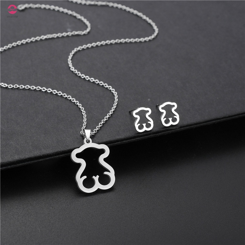 Set Vòng cổ Và Khuyên Tai Inox Hình Gấu Dễ Thương Xinh Xắn