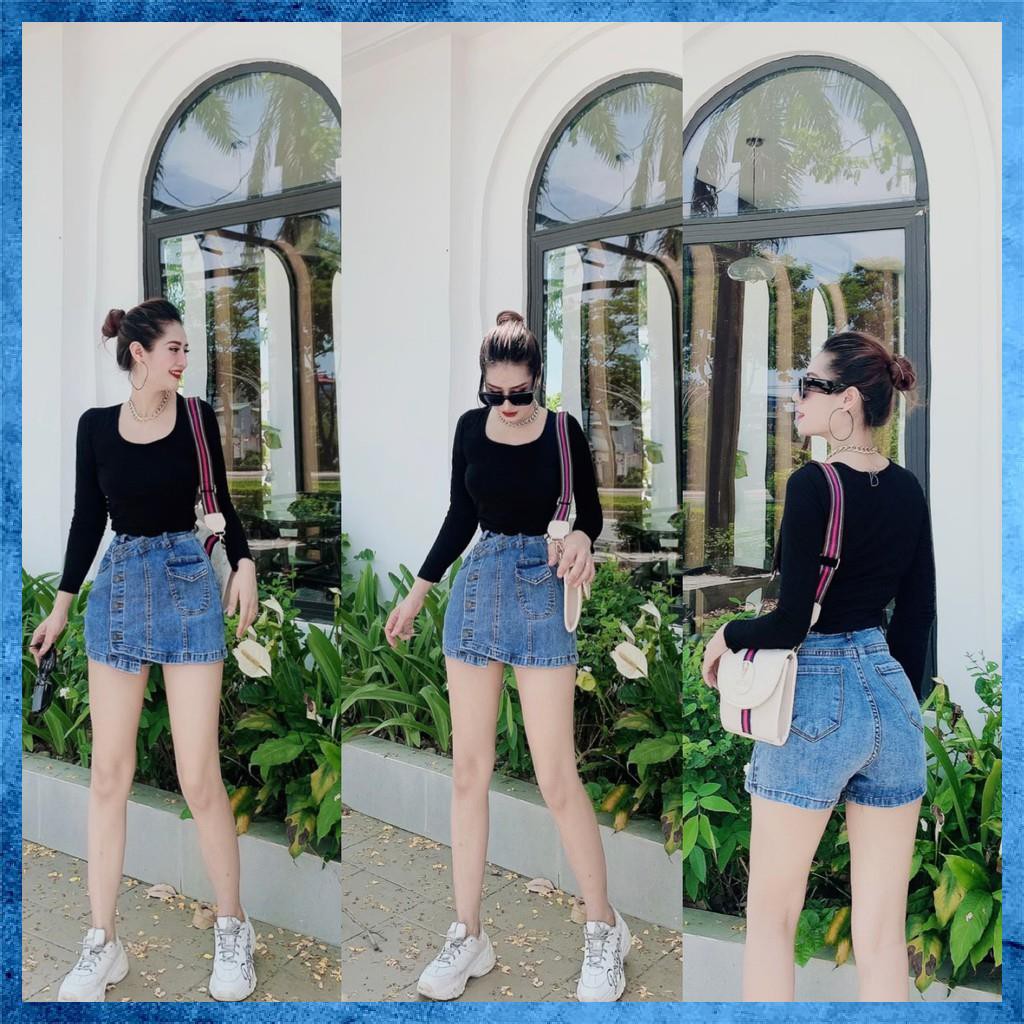 Quần shorts jeans nữ, quần giả váy chất liệu co giãn, lưng cao vạt lệch. Mã V1115 | WebRaoVat - webraovat.net.vn