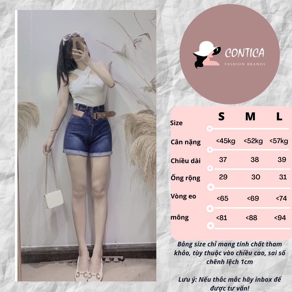 quần short jean lưng cao phối đai da lật gấu hottren