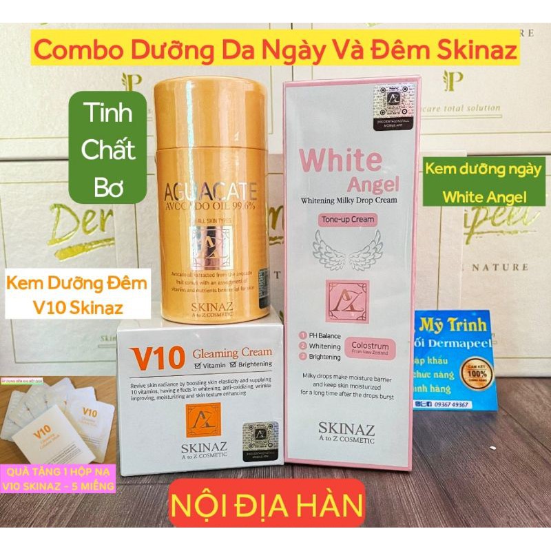 COMBO DƯỠNG DA NGÀY VÀ ĐÊM SKINAZ - TINH CHẤT BƠ - KEM WHITE ANGEL - KEM V10 - NỘI ĐỊA HÀN