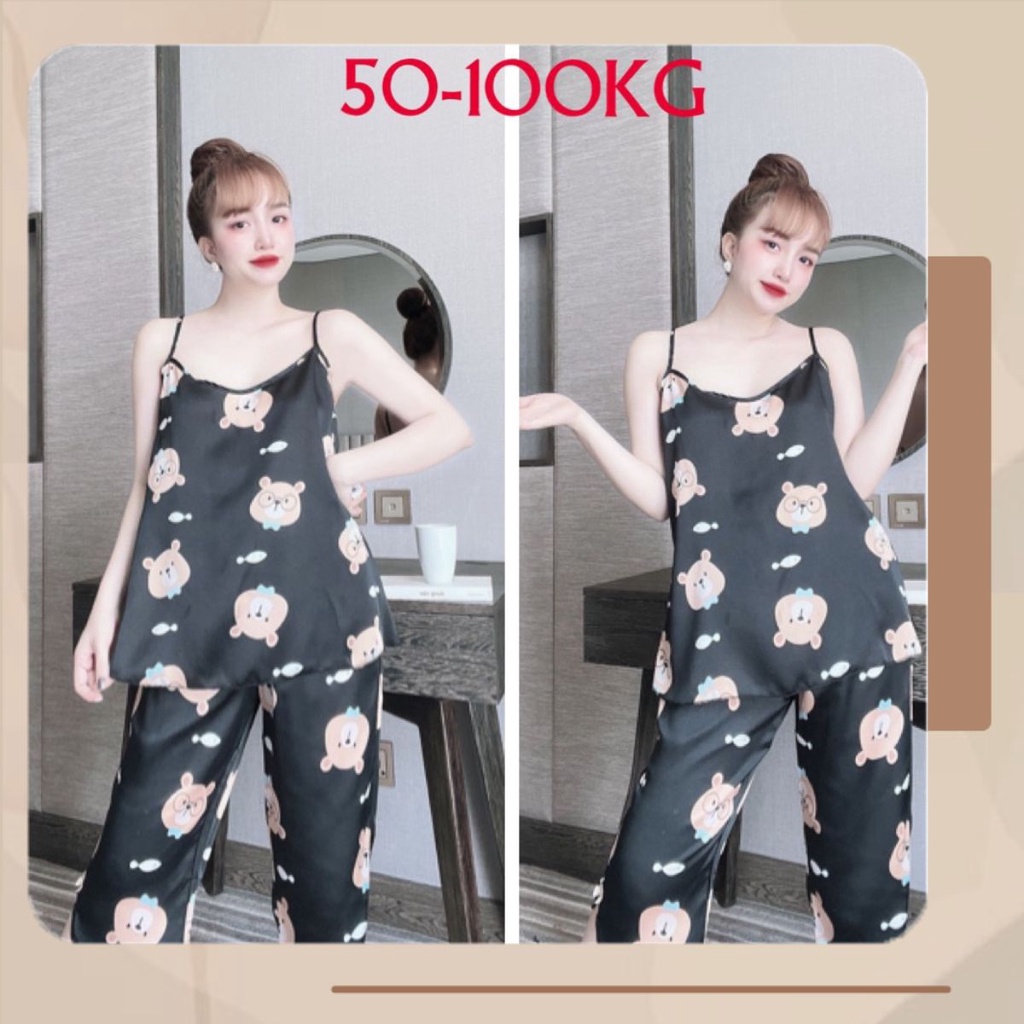 Set bộ quần lửng áo 2 dây nhiều màu họa tiết hình gấu dễ thương vải lụa Satin cao cấp - Lady Homewear đồ bộ nữ bigsize