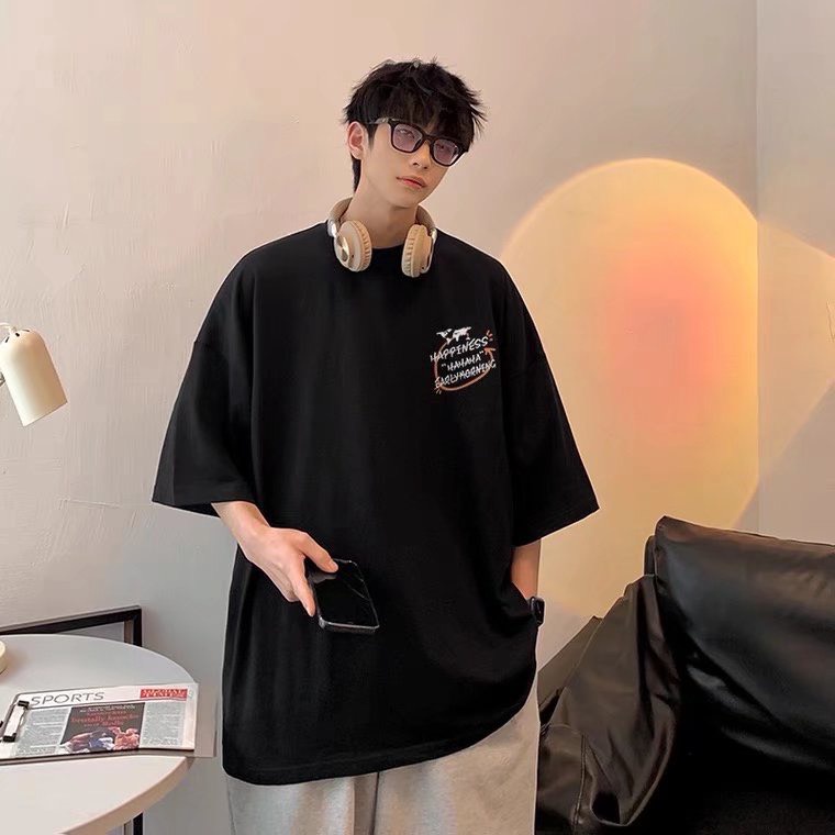 Áo phông tay lỡ HAPPIESS nam nữ unisex form rộng - áo thun cổ tròn vải tici co giãn không nhăn thoáng mát GIDI