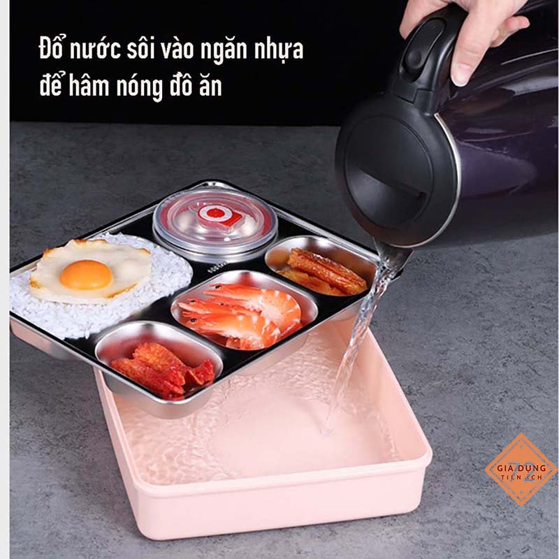 Khay Cơm Chia Phần 5 Ngăn Giữ Nhiệt INOX 304 + Tặng thìa + đũa [HỘP CƠM 5 NGĂN]