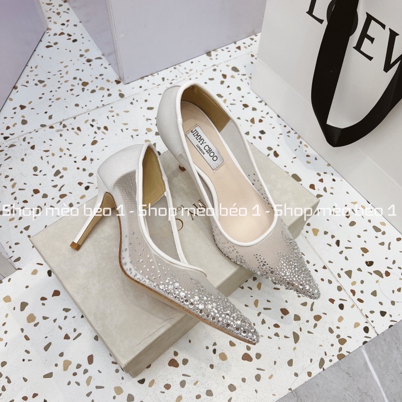 Giày cao gót jc lưới bạc tán đá gót nhọn fullbox